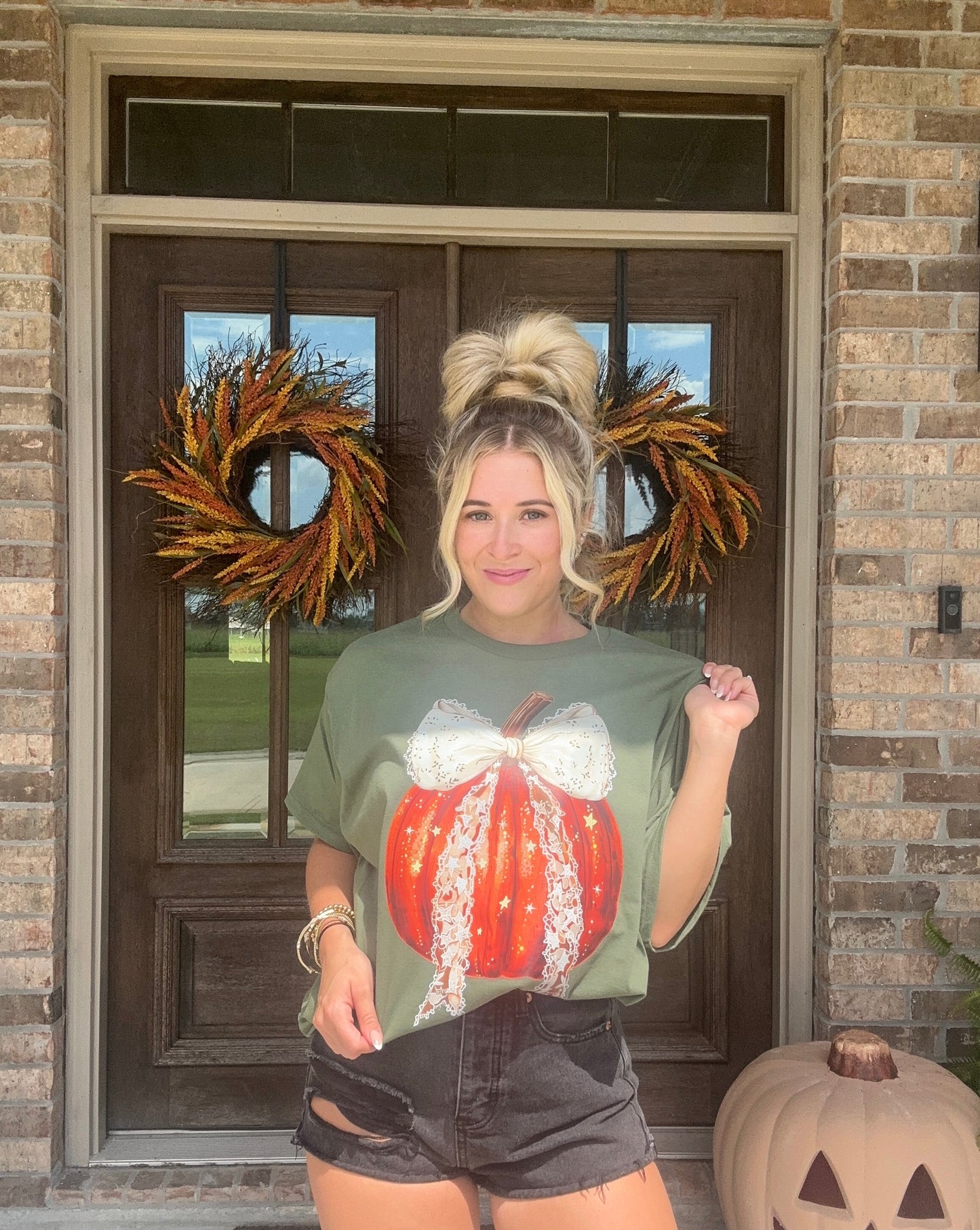 Green Coquette bow Pumpkin Tee