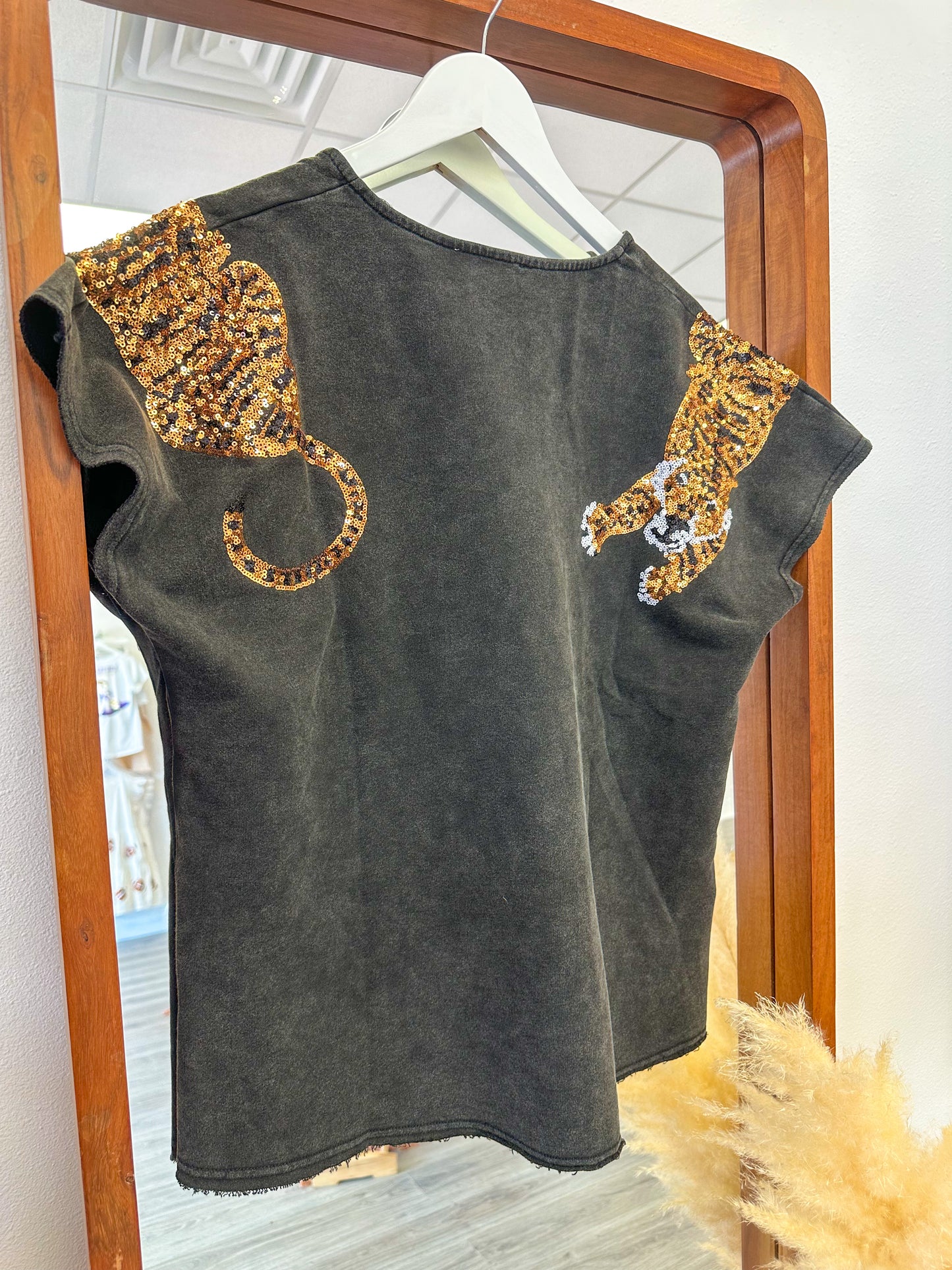 Charcoal Tiger Sequin Shoulder Top