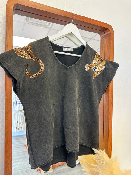 Charcoal Tiger Sequin Shoulder Top