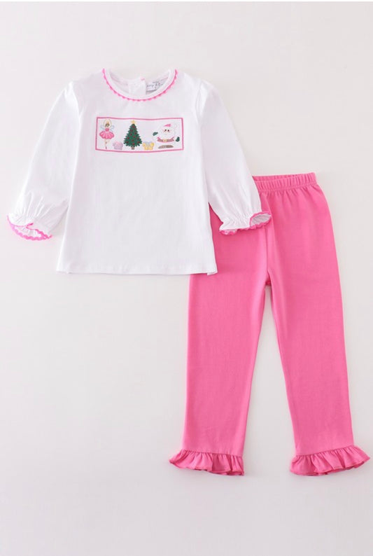 Pink Christmas tree embroidery girl set