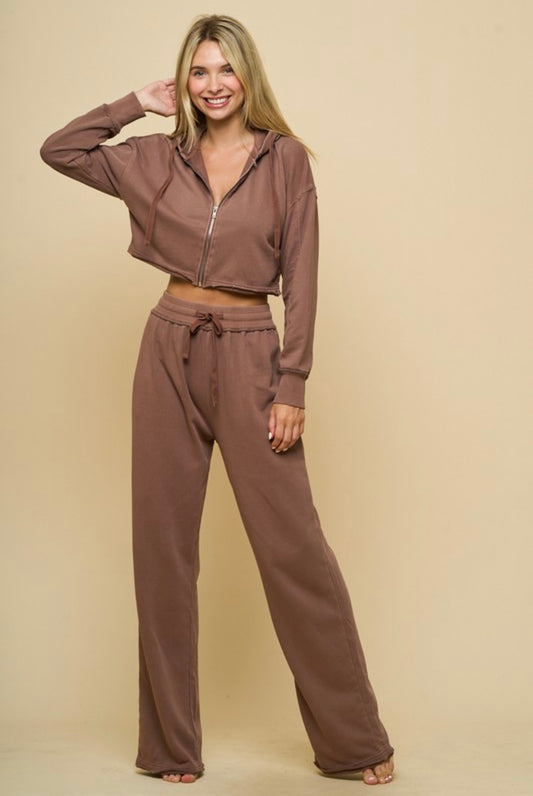 Brown cropped zip up hoodie and pants set