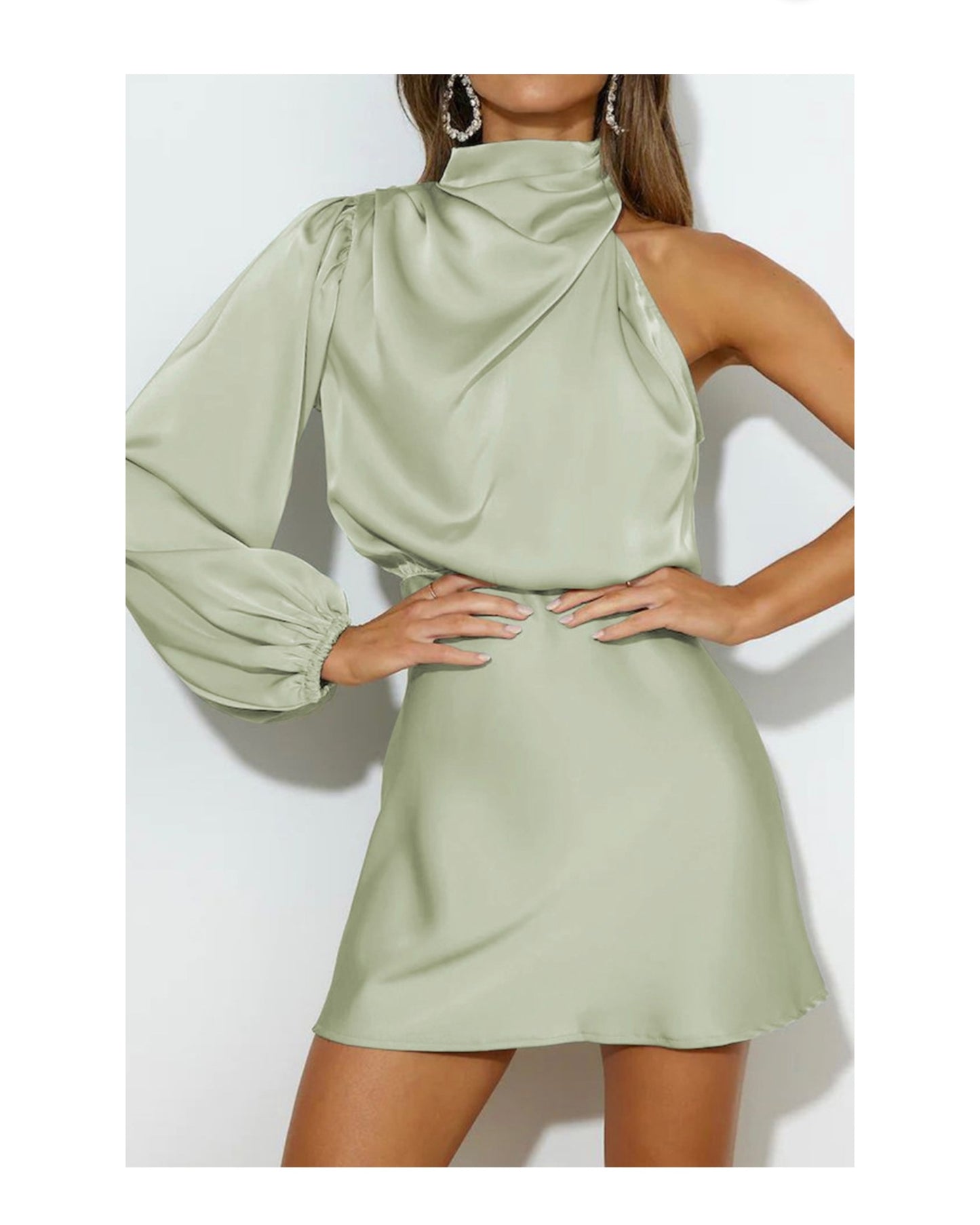 Light Green Satin One Shoulder Mini Dress