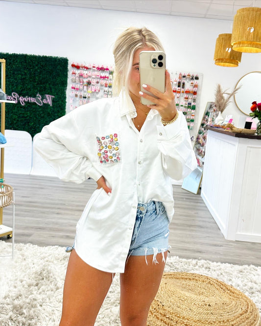 Jeweled silk white button up