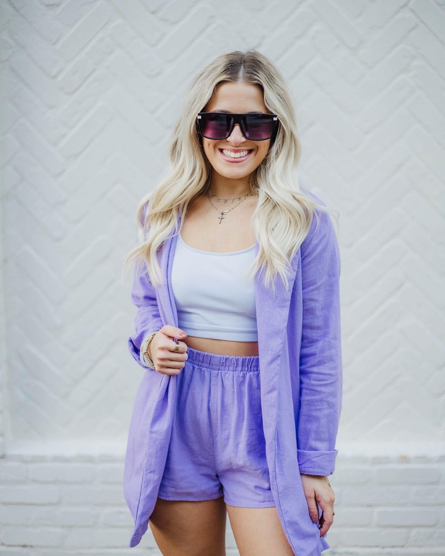 Purple Linen Jacket and Shorts Set